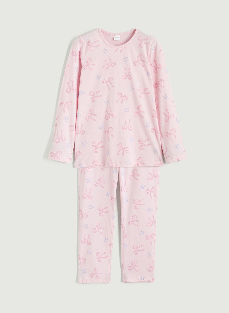 ال سي وايكيكي بيجاما بناتي بنقشة فيونكة برقبة دائرية - Image 1